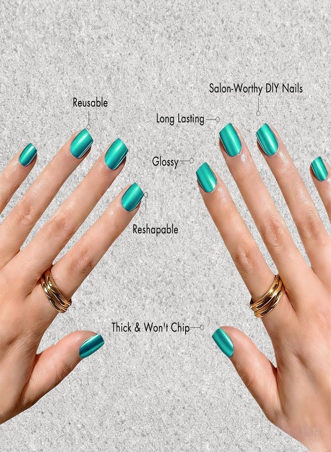 KXAMELIE Chrome Press On Nails Short Square - Glazed Teal Blue Press on Nails with Sparkly Metallic Design, Glitter Shiny Fake Nails Press ons Small, Sparkle Glue on Nail for Women Party, 30 Pcs - Image 5